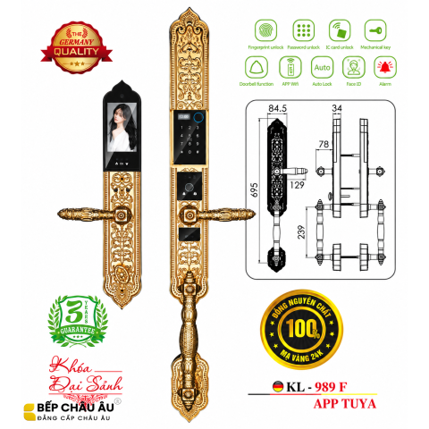 Khóa Đại Sảnh Kassler KL-989F Mạ Vàng 24K – Face ID 3D, Vân Tay, App Tuya, Đồng Đúc Nguyên Khối