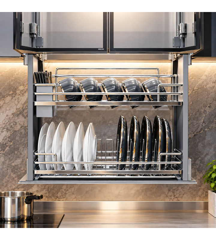 Giá Bát Nâng Hạ Cảm Ứng GRÖB Inox SUS304 Nan Oval – Điều Khiển Qua App & Giọng Nói
