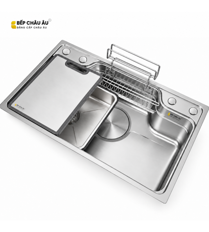 Chậu Rửa Chén Inox Bếp Châu Âu 780x480mm Dày 1.5mm, Chậu Rửa Bát 1 Hố Đa Năng Dập Nguyên Khối Kèm Thớt Rổ Inox