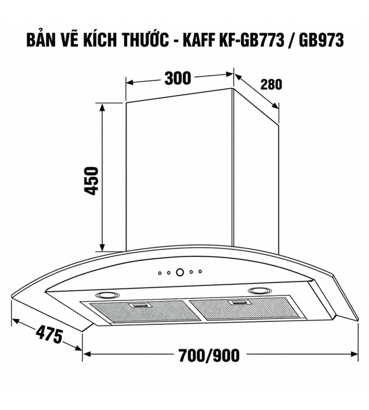 Máy Hút Mùi Kính Cong KAFF KF-GB773 / KF-GB973 Công Suất 1000m³/h