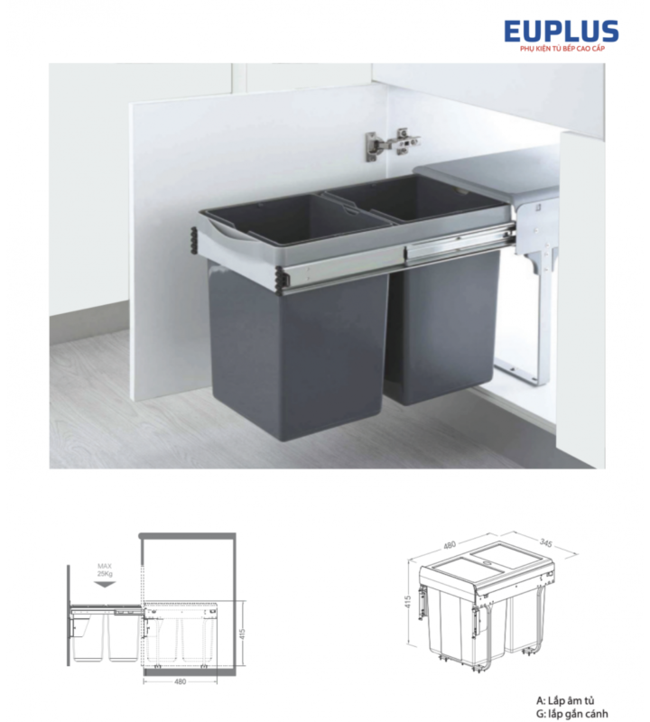 THÙNG ĐỰNG RÁC 2 NGĂN E.30 LẮP ÂM TỦ