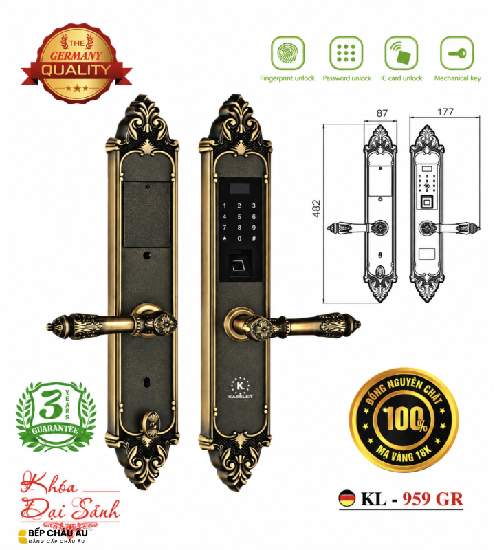 Khóa Đại Sảnh Kassler KL-959GR Đồng Nguyên Khối Vàng Đen – Vân Tay, Mật Mã, Thẻ Từ, Thiết Kế Hoàng Gia